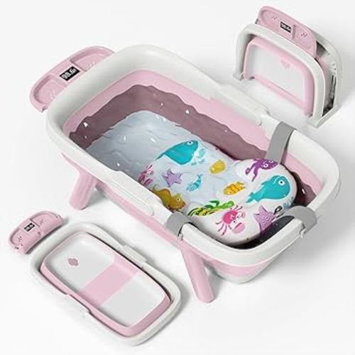 Collapsible Baby Bathtub, Laege Infant Bath Tub with Thermometer & Cute Soft Cushion for Newborn to 36-Month Toddlers, Storage and Non-Slip Feet Design, Baby Bath Gift (Pink)