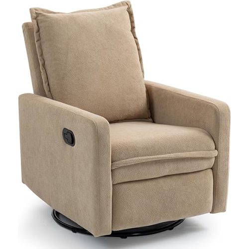 360° Swivel Rocking Chair Nursery Glider Recliner Nursery Chair Manual Swivel Rocker Recliner with High Backrest Armchair Comfy Side Modern Chair for Living Room (Light Brown)