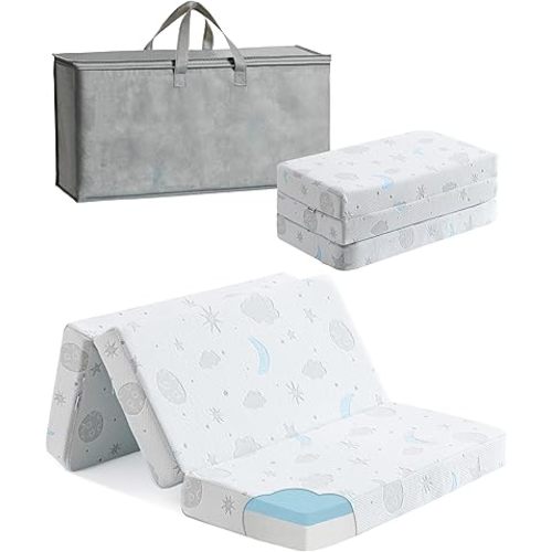 Trifold Pack and Play Mattress 38x26'' Breathable Soft Plush Memory Foam for Baby Toddler Travel Includes Carry Bag Removable Washable Cover Fits Play Pen Playard Pack n Play Mattress Pad