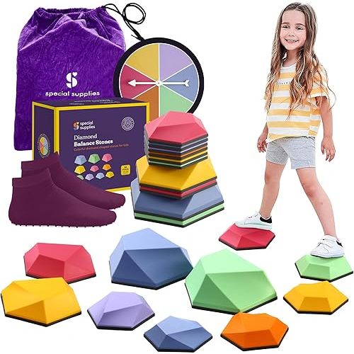 Special Supplies Diamond Shaped Stepping Stones for Kids Indoor and Outdoor Balance Blocks Promote Coordination, Balance, Strength Child Safe Rubber, Non-Slip Edging (Multi-Color, 10)