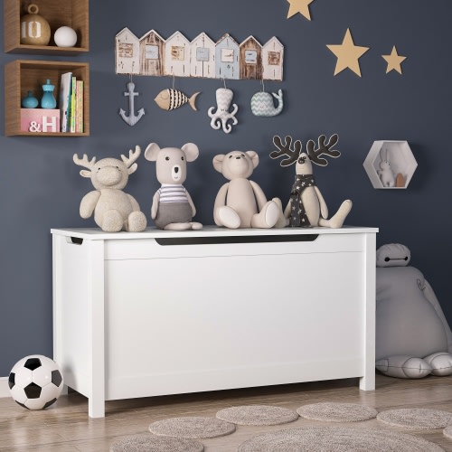 Kids Wooden Toy Chest, 2 In 1 Large Toy Storage Truck Bench with Flip-Top Lid, 2 Safety Hinges & Groove Handle, Toddler Big Toy Box for Playroom & Bedroom, Gift for Boys Girls Age 3+ (White)