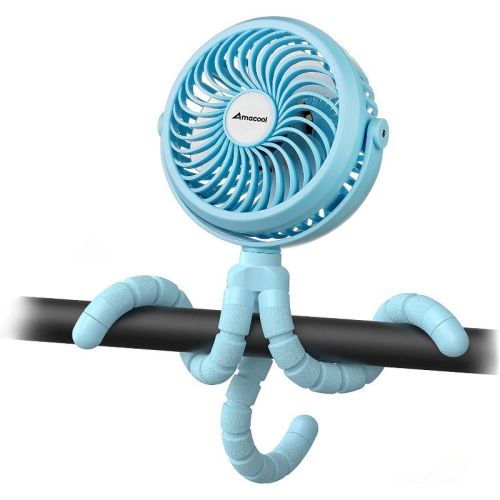 Amacool Battery Operated Stroller Fan Flexible Tripod Clip On Fan with 3 Speeds and Rotatable Handheld Personal Fan - Blue
