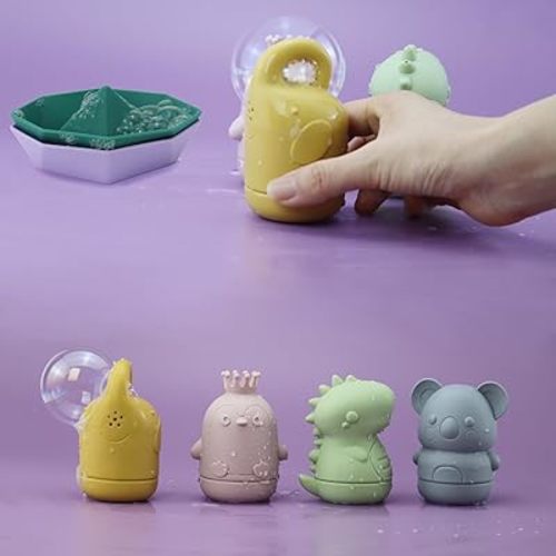 6 PCS Mold Free Baby Bath Toy - BPA Free Silicone Bath Toys for Kids, Squirt Soft Bathtub and Floating Boats for 6+ Month, Safe for Baby Biting,Easily Twist Open and Clean