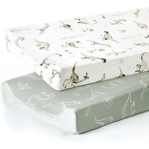 GRSSDER Stretch Ultra Soft Jersey Knit Changing Pad Cover Set 2 Pack, Change Table Pad Covers Fit 32"/34" x 16" Pads Safe and Snug, Pretty Pattern for Baby, Dinosaur