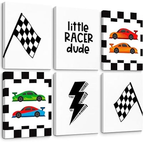 Race Car Wall Art Pictures Boys Room Wall Decor Nursery Toddler Canvas Wall Art Kids Playroom Art Prints Boys Race Car Poster Nursery Artwork Set of 6 for Bedroom 12x16 Inch Framed
