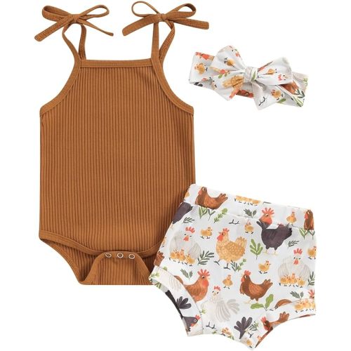 Kuriozud Newborn Infant Baby Girl 2 Piece Summer Outfits Tank Romper Top + Ruffle Bloomer Shorts Set Clothes - 6-12 Months - Chicken Brown