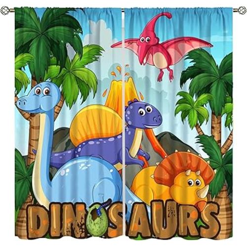 Boys Dinosaur Curtains, Cartoon Dino Window Treatments for Kids Bedroom Child Nursery Decor, Cute Funny Colorful Safari Animal Art Printed Living Room Window Drapes 2 Panel Sets,42x45 Inch Decor