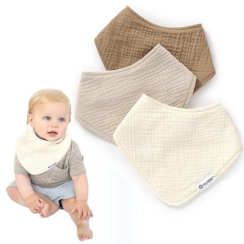 Drybble Waterproof Muslin Bandana Baby Bibs - 100% Organic Cotton Exterior - Ultra Absorbent 4 Layers for Drooling & Teething