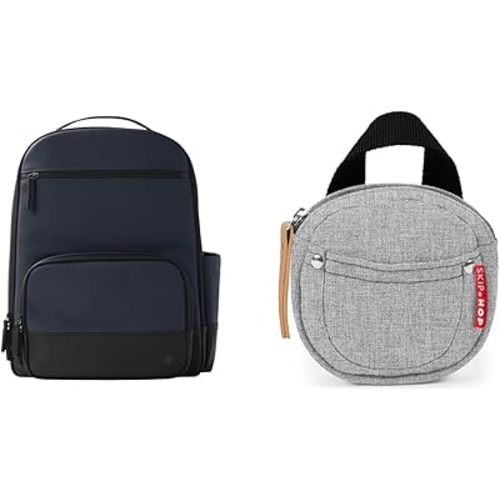 Skip Hop Diaper Bag Backpack: Flex, Multi-Function Baby Travel Bag with Changing Pad & Stroller Attachment, Blue Pacifier Holder, Grab & Go, Grey Melange Gift Set