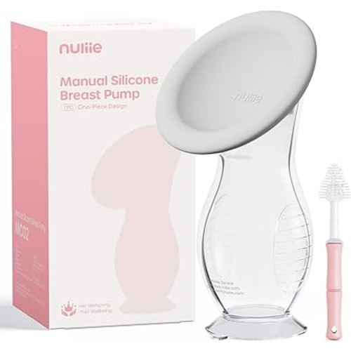 Nuliie Silicone Manual Breast Pump with Leak-Proof Lid & Suction Cup, 4oz/120ml BPA-Free, Wearable Hand Pump Breastmilk, Breast Milk Collectors for Breastfeeding Essentials, Includes Cleaning Brush