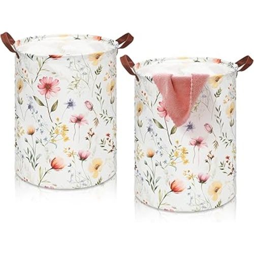 2 Pcs Wildflower Laundry Basket Floral Storage Basket for Girls Nursery Hamper with Handles Foldable Waterproof Collapsible Storage Bin Organizer for College Dorms Bathroom (Wildflower)