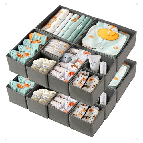 ZenStorage 16 Pack Drawer Organizer for Baby Clothes, Fabric Nursery Organizer for Baby Diaper, Collapsible Deep Fabric Drawer Organizer with Zipper for Socks, Bra, Towels, Ties, Grey