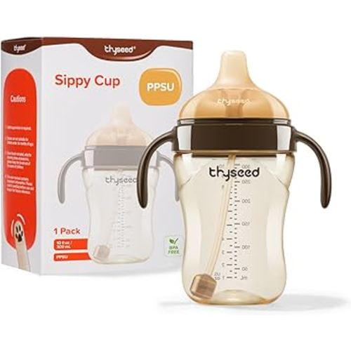 Thyseed Infant Spill Proof Weighted Straw Sippy Cups with Handles and Lids Breastfed Baby First Soft Spout Top Training Water Cup Toddler Boy Girl No Leak Transitioning Bedtime Milk Bottles 6 Months+
