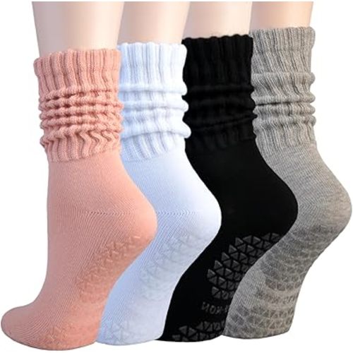 Slouchy Socks for Women,Pilates Socks with Grips for Women Non Slip Yoga Scrunch Crew Sock Barre Workout 4 Pack
