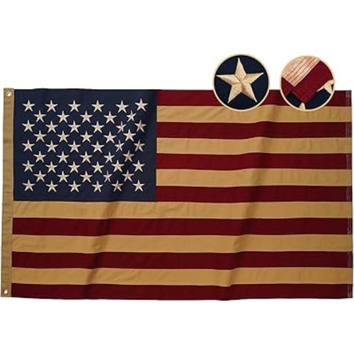 Vintage American Flag 3x5 Ft Cotton Outdoor Heavy Duty, Embroidered Tea Stained American Flag, Antiqued Old USA Flags with 2 Brass Grommets