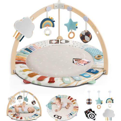 Blissful Diary Baby Play Gym & Activity Mat, 5 Developmental Zones Wooden Tummy Time Mat with 5 Detachable Sensory Toys for Motor Skills & Sensory Development, Baby Essentials Shower Gift