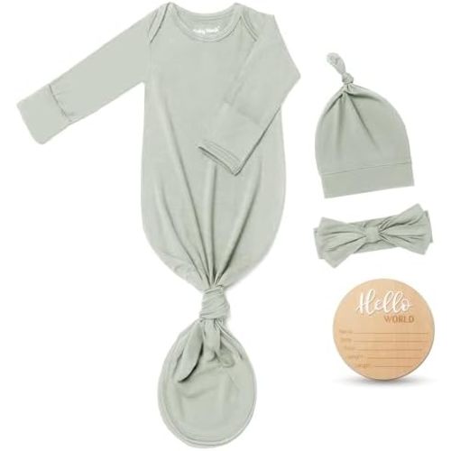 Hello World Newborn Knotted Gown 0-3 Months, Coming Home Outfit Baby Bamboo Viscose Sleeper with Hat,Headband,Wooden Sign