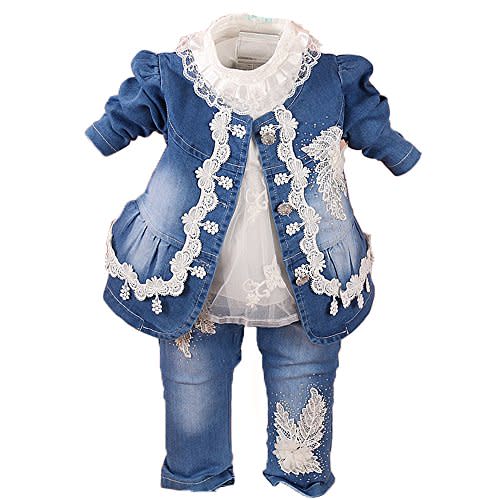 Yao 6M-4Y Infant 3Pcs Baby Girls Clothes Set Toddler Casual Outfits Lace Dress Jacket and Jeans