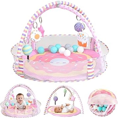 AskCat Baby Play Gym Mat,4-in-1 Baby Play Mat Activity Gym, Pink Donut Play Mats with Ball Pit,Baby Gym Activity Center for Newborn,Toddler to Develop Motor Cognition(Balls are Included)