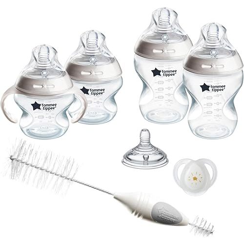 Tommee Tippee Natural Start Baby's First BPA Free Bottle 8 Piece Set, 2 x 5oz and 2 x 9oz Anti-Colic Bottles, Slow and Medium Flow Nipples, 0-6 Month Pacifier, Clear