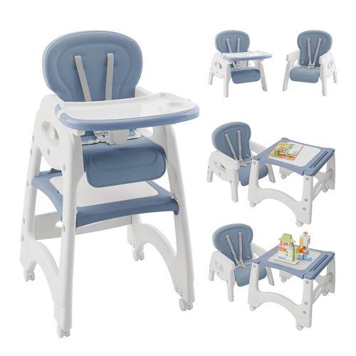 Silla alta para bebé 6 en 1, silla de alimentación convertible para bebés y niños pequeños con bloque de construcción o mesa de estudio, juego para niños, bandeja de doble capa, respaldo ajustable