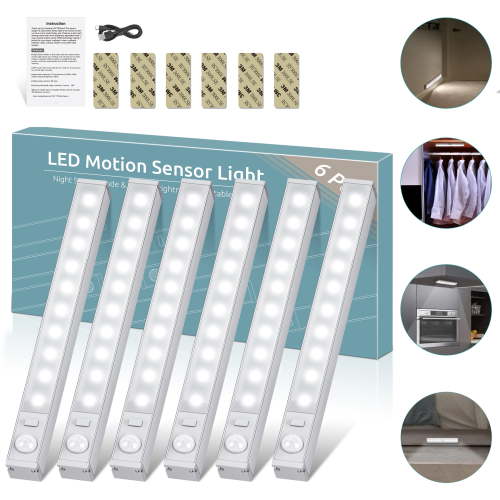 LOFTER-PRO 6 Pack Motion Sensor Closet Lights Wireless 10 LED Under Cabinet Lights Stick-on Safe Night Light Bar for Closet Cabinet Wardrobe Stairs Kitchen