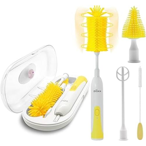 Electric Bottle Brush Cleaner New Upgrade, Portable Electric Baby Bottle Brush Cleaner for Travel, Travel Bottle Cleaner Kit with Nipple & Straw Brush, Perfect Mom Essentials After Birth Gift, Yellow