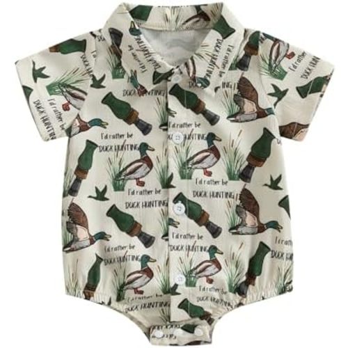Omkzanbi Baby Boy Duck Hunting Clothes Lapel Button Romper Mallard Duck/Reindeer Bodysuit Cute Newborn Summer Outfit 0-18M