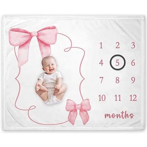Yuzioey Pink Bow Milestone Blanket for Girl,Bowknot Baby Growth Chart Monthly Blanket, Watch Me Grow Girl Dragon Baby Nursery for New Moms Shower(50"x40")
