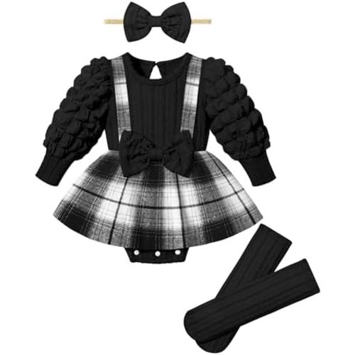 Queenstyle Baby Girl Clothes Dress Fall Winter Outfits Set Puff Sleeve Plaid Romper with Headband Stockings