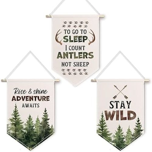 ChissNook Woodland Nursery Canvas Banner Set of 3, Adventure Hunting Nursery Hanging Pennant Banner Flags Wall Display, Woodland Forest Wall Decor for Kids Boys Room Bedroom Playroom