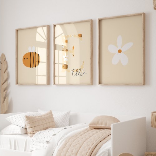 Daisy Bee Custom Initial Prints - Set of 3 - Digital Download - Art Artwork Bedroom Play Room Playroom Kids Personalised Bees Flowers Yellow