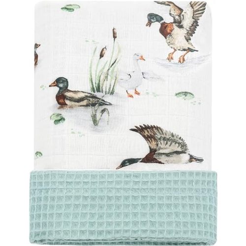 LifeTree Waffle Baby Blankets Neutral, Muslin Swaddle Blankets for Boys Girls, 2 Layers Crib Stroller Blanket Receiving Blankets with Muslin Front and Waffle Backing Infant Newborn Mallard Duck