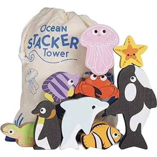 Le Toy Van - Wooden Toys - Petilou Baby & Toddler - Ocean Animal Building Blocks Stacker & Bag - Educational Balancing Activity Toy - Wooden Blocks Aquatic Animal Toys - Kids Toys Age 18 Months+