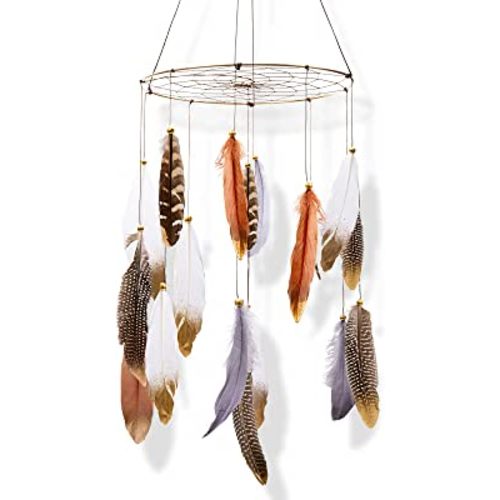 Boho Feather Baby Mobile for Crib, Bohemian Nursery Gender Neutral Hanging Decor, Large Dream Catcher Ornament Hanger Christmas Gift for Kids Girl Boy Ceiling Children Teen Bedroom Outdoor
