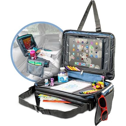 BE Family Travel Kids Car Seat Travel Organizer, Car Accessories for Children, Car Seat Snack Tray, Traveling Essentials for Kids, Toddler Lap Tray for Engaging Activities, Multipurpose Design, Blue
