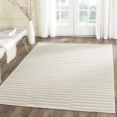 SAFAVIEH Montauk Collection Area Rug - 5' x 7', Ivory & Light Grey, Handmade Stripe Cotton, Ideal for High Traffic Areas in Living Room, Bedroom (MTK715E)