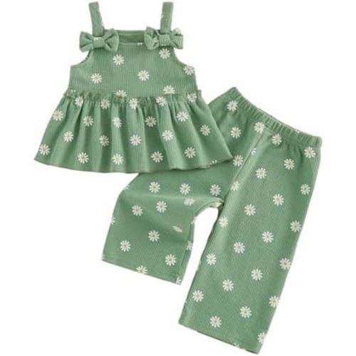 VISGOGO Infant Toddler Baby Girl Floral Outfit Sleeveless Waffle Cami Tank Ruffle Tops Wide Pants Summer Clothes