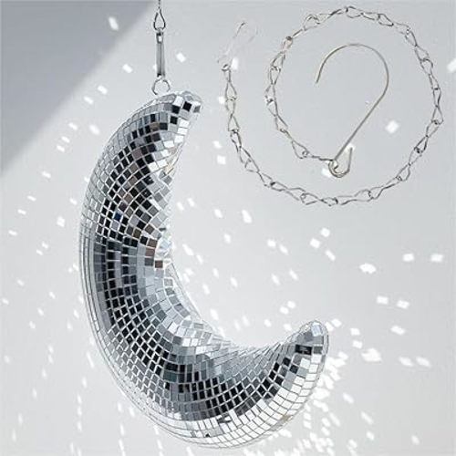 Disco Ball Moon Shaped Decor - 8 inch Silver Sparkling Glass Mirror Rotating Balls with 20 in Chain for Party Wedding Nightclub,Bright Mirrorball Hanging Disco Balls Retro-Reflective Home Decoration
