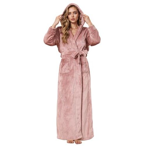 Hellomamma Long Hooded Robe for Women Luxurious Flannel Fleece Full Length Bathrobe Winter Warm Pajamas Shower Nightgown