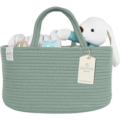 KiddyCare Diaper Caddy Organizer for Baby Nursery Basket with Handle Lid Nursing Caddy with Changing Table Organizer Cart Newborn Caddy Basil Large