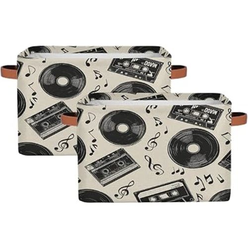 Myfsucce Foldable Fabric Storage Bins 2 Pc Set, Retro Music Elements Polyester Canvas Closet Storage Bins with Handles, 15x11x9.5 Inches