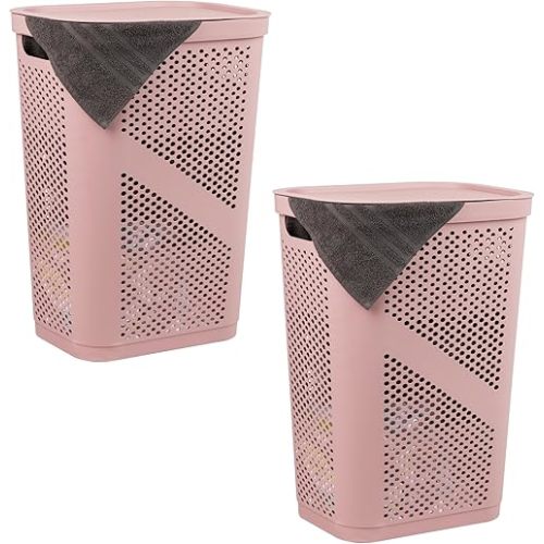 Mind Reader 60L Slim Laundry Hamper, Clothes Basket, Lid, Ventilated, Plastic, 17.25"L x 13.75"W x 23.5"H, Set of 2, Pink