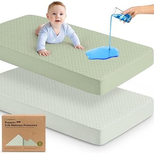 2-Pack Waterproof Crib Mattress Protector Cover Fitted - Quiet Baby Crib Mattress Pad Sheets, 52" x 28" Soft Quilted Cotton Baby Sheet, Machine Washable, Easy Fit, Durable (Soft Fern/Quin)