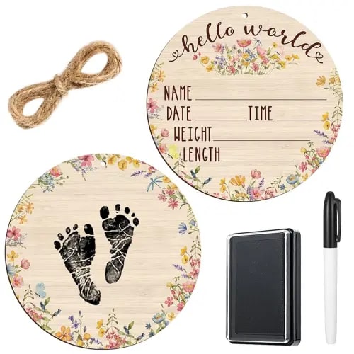 Thyle Baby Announcement Wooden Name Sign for Hospital Birth Double Sided Newborn Welcome Sign with Marker Pen and Ink Pad for Baby Shower Hand Footprints (Wildflower)