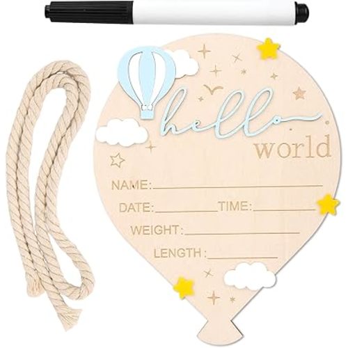 Baby Announcement Sign, Balloon Birth Shape Wooden Hello World Newborn Signs with Rope & Pen Cute Welcome Baby Name Board for Boys Girls Hospital Nursery Decor Photo Props