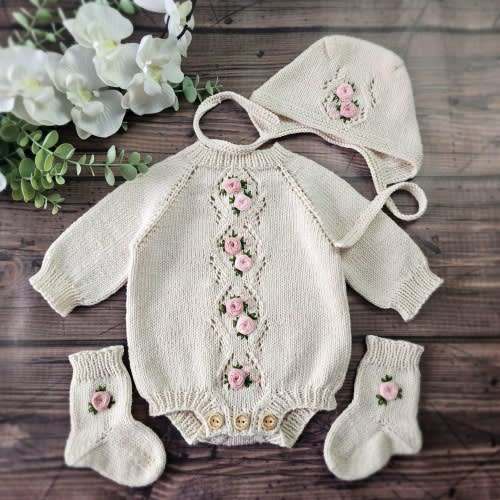 Newborn Baby Coming Home Outfit, Rose Embroidered 3-Piece Romper Set, Organic Baby Clothes, Knitted Baby Clothes, Newborn Photo Shoot Prop