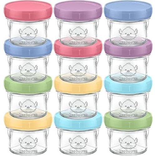 KeaBabies 12pk 4oz Glass Baby Food Containers with Lids - Leak-Proof, Microwavable Small Glass Jars, Baby Purees & Toddler Snack Storage Containers, BPA-Free, Dishwasher & Freezer Safe (Nord)