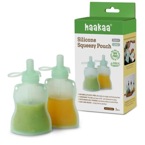 Haakaa Silicone Yummy Pouch 4.5 oz – Reusable Silicone Snack & Smoothie Pouch, Refillable, Leak-Resistant, Dishwasher Safe, Eco-Friendly Food Storage for Kids & Toddlers (2-PK, Lime)