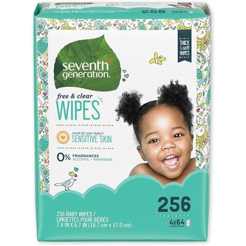Seventh Generation 34219CT Free & Clear Baby Wipes, Refill, Unscented, White, 256/PK, 3 PK/CT